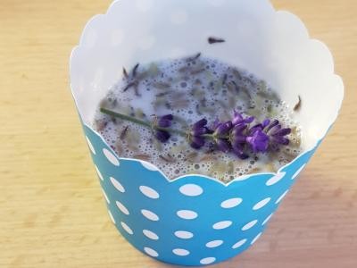 Seife nach dem Einfüllen ins Muffinförmchen Die noch flüssige Seife in einem blauen Muffinförmchen mit weißen Punkten aus fester Pappe. In der Mitte liegt ein frischer Lavendelzweig.
