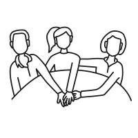 Zeichnung dreier Menschen, die um einen Tisch herum sitzen und die Hände in der Tischmitte zusammen legen