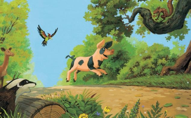 ein kleines Waldschwein hüpft einen Waldweg entlang und begegnet zahlreichen Waldtieren