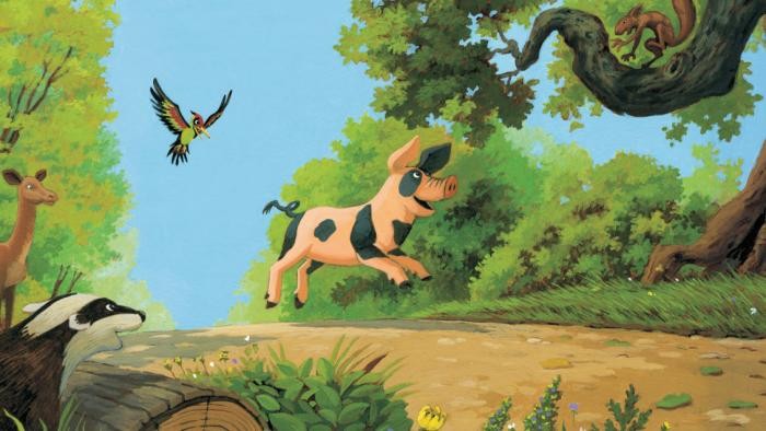 Anatol's Freunde Anatol, das Waldschwein, hüpft lachend einen Waldweg entlang, um ihn herum zahlreiche Waldtiere