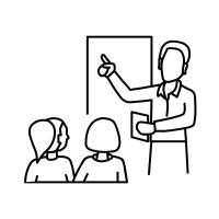 Zeichnung zweier Frauen, vor denen ein Lehrer an einer Tafel etwas erklärt Zeichnung zweier Frauen, vor denen ein Lehrer an einer Tafel etwas erklärt