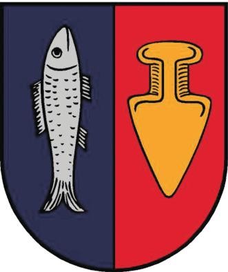 Ruster Wappen Das zweigeteilte Ruster Wappen zeigt linkssilbernen Fisch auf blauem Grund und rechts eine goldene Pflugschar auf rotem Grund