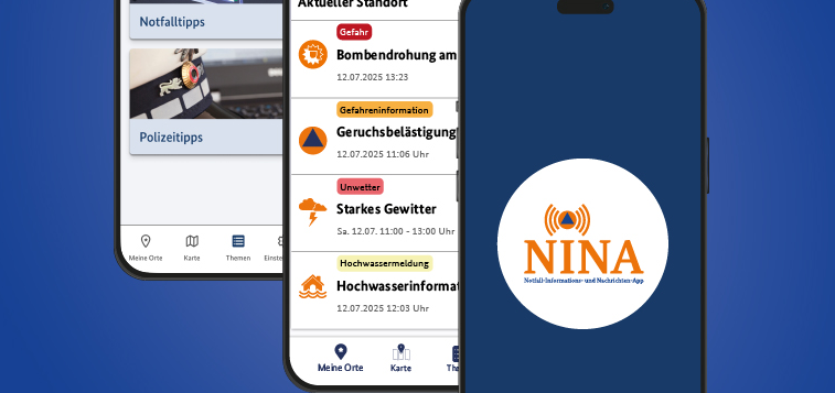 drei Smartphones, auf allen ist die NINA-App mit verschiedenen Statusmeldungen zu sehen