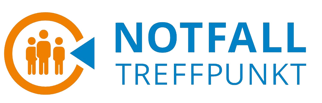 Logo Notfalltreffpunkt, links ein orangener Kreis, auf 3 Uhr ein blauer Pfeilkopf, der in den Kreis zeigt, drinnen drei Umrisse von Menschen, rechts in Blau steht "Notfall Treffpunkt"