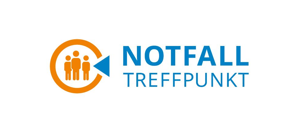 Logo Notfalltreffpunkt, links ein orangener Kreis, auf 3 Uhr ein blauer Pfeilkopf, der in den Kreis zeigt, drinnen drei Umrisse von Menschen, rechts in Blau steht "Notfall Treffpunkt"